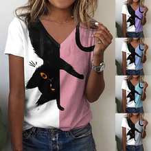 3D趣味猫印花女式T恤V领短袖休闲时尚卡哇伊图案T恤加大码女童装
