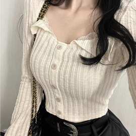 甜美方领蕾丝条纹针织衫女春秋新款温柔风慵懒感长袖上衣