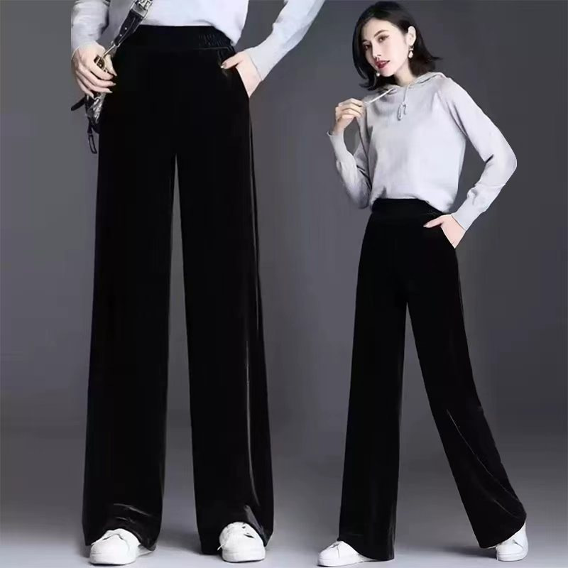 2025 New Loose Tube Pants with Drape, High-Waisted Casual Versatile Long Pants, Fleece-Lined Velvet Wide-Leg Pants for Women, Autumn and Winter