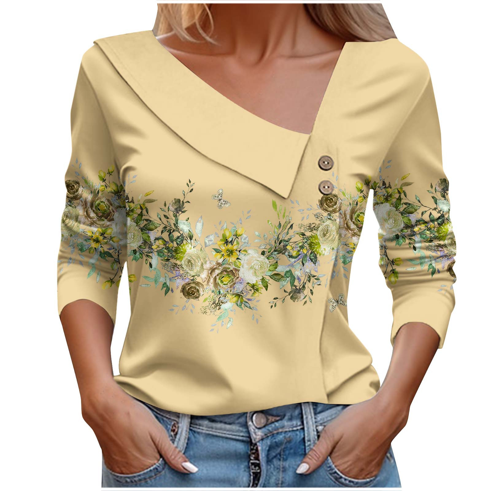 T-shirt da donna popolare primaverile e autunnale a maniche lunghe con scollo a V T-shirt stampata a fiori colorati_voghion.com