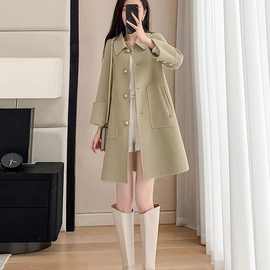 秋冬新款中长款爱心扣显瘦毛呢外套显瘦减龄娃娃领呢子上衣女