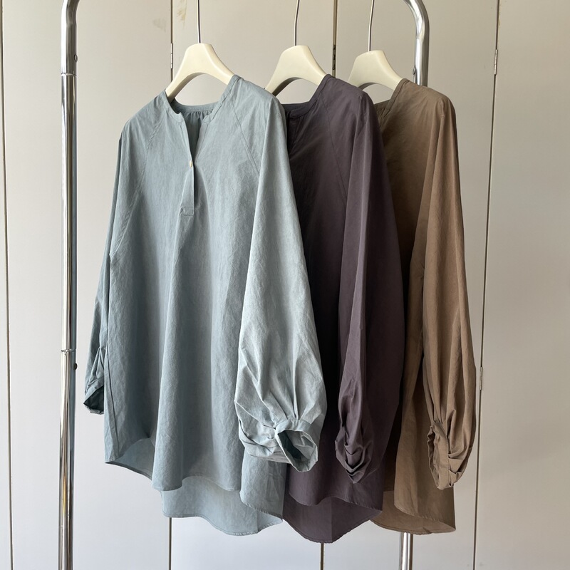 Natural 100 Cotton Pleating Process! Henry Round Neck Lightweight, Comfortable, Loose and Slimming Look Pullover Long-Sleeved Shirt for Women