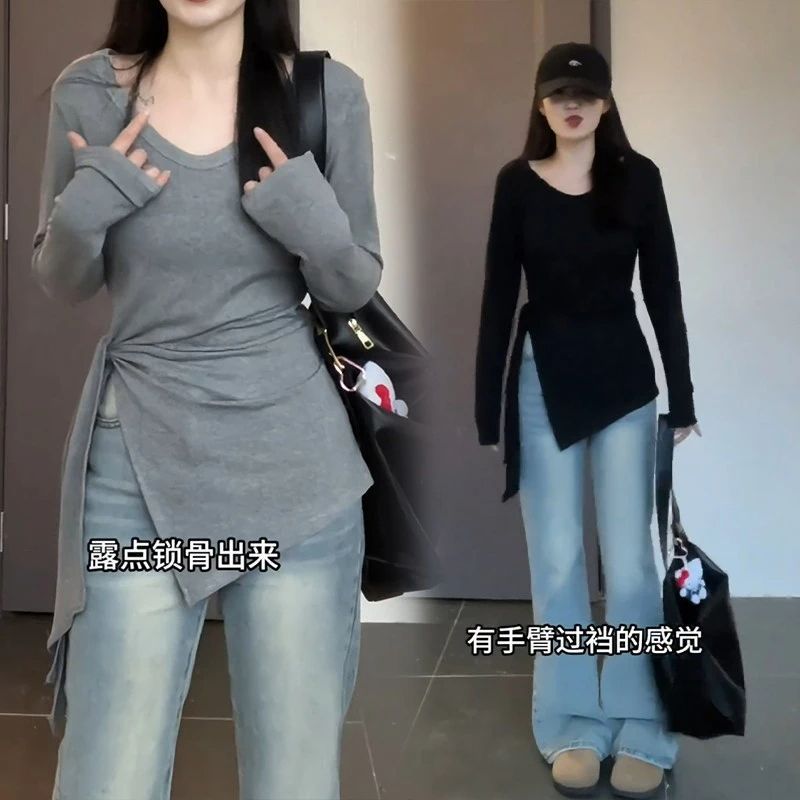 太ったmmの大きいサイズの婦人服の中で長いタイプの修身はやせている長袖のtシャツの不規則な開叉のひもの底のシャツの上着を現します。|undefined
