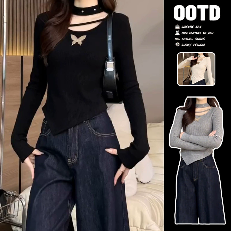 Внутренний свитер с длинными рукавами, женская весенняя одежда, новая верхняя одежда 2025 года, черный топ с низом