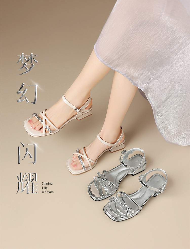 Sandal La Mã nữ đế dày đính đá gót vuông phong cách cổ điển — JF188 màu be chi tiết 3