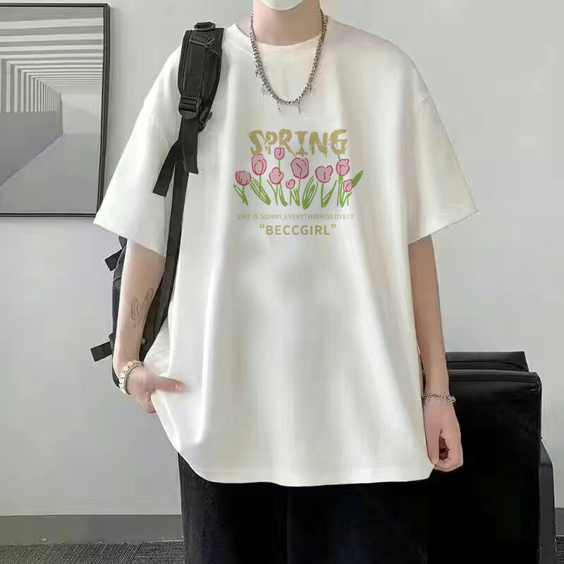Verano nuevo estilo de seda de hielo tendencia camiseta suelta estilo de Hong Kong impresión cuello redondo camiseta de manga corta tendencia femenina todo fósforo camiseta fría