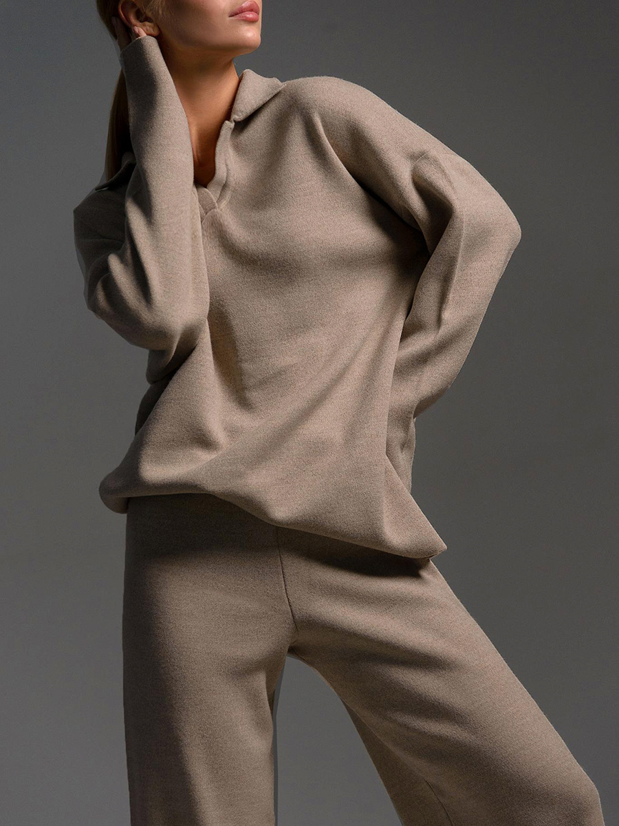 Damen Strickanzug Mit Pullover Und Weiter Hose Im Zweiteiler_voghion.com