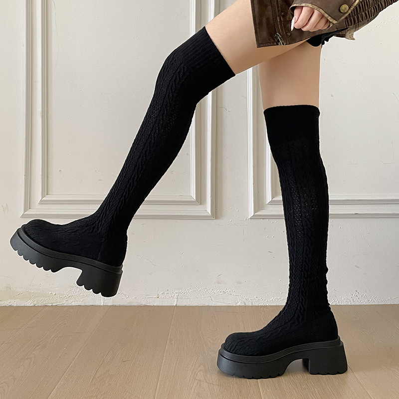Knitted high-elasticity over-the-knee high-heeled long boots for women, 2026 autumn and winter new chunky heel slimming versatile sock-style fashion boots Knitted high-elasticity over-the-knee high-heeled long boots for women, 2026 autumn and winter new chunky heel slimming versatile sock-style fashion boots