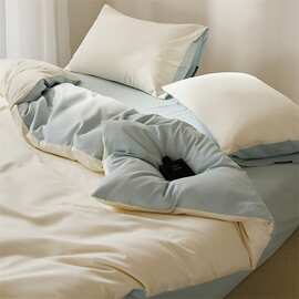 质享家100S全棉长绒棉宽边磨毛四件套纯色双拼纯棉床上用品三件套