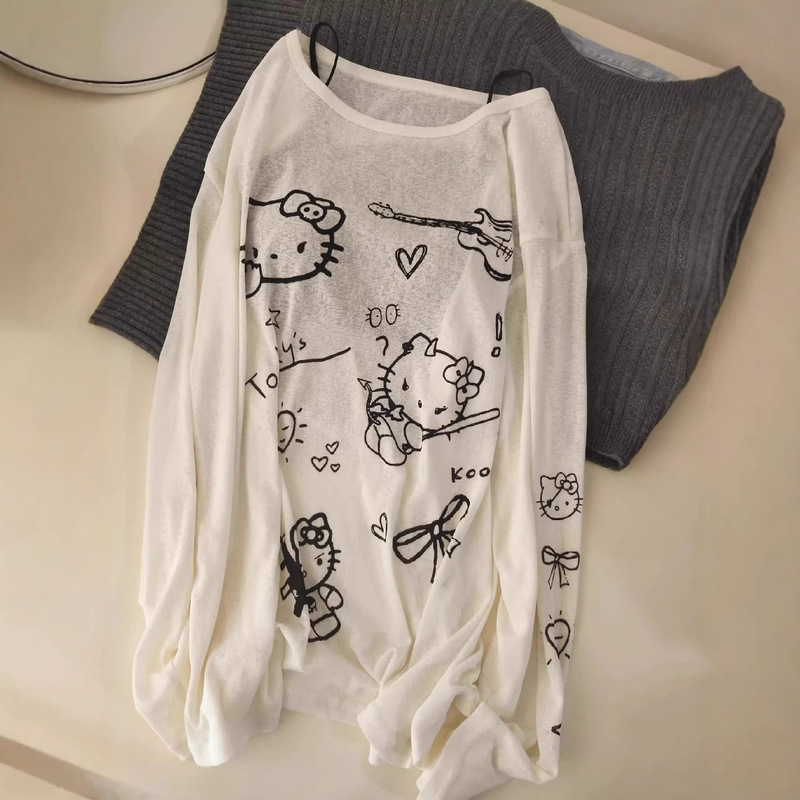 Kitty Thin Sunscreen Long-sleeved T-shirt Women's Summer New Lightweight Loose Lazy Style Blouse Kt Cat Print Top