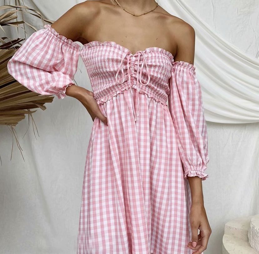 pink plaid drawstring lace-up high waist holiday long dress  NSAM54284