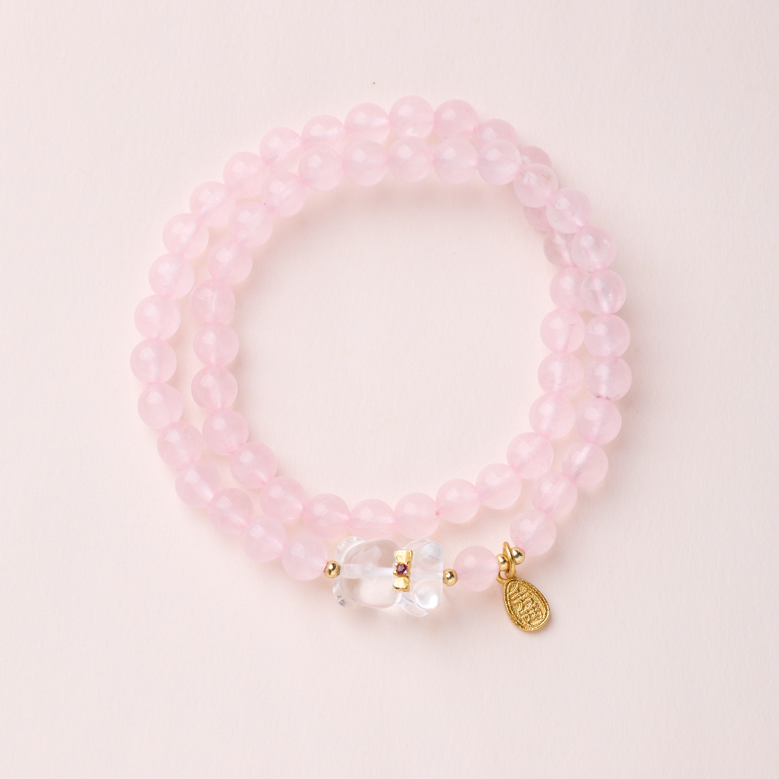 6mm 로즈쿼츠 & 화이트쿼츠 나비 리본 곰돌이 더블 팔찌