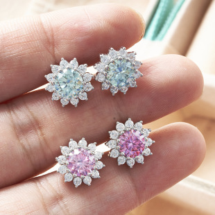 S925 Sterling Silver Mosan Diamond Earrings 1 karat 6.5 mmX2 Sunflower Round Pink Color Moissanite Earrings