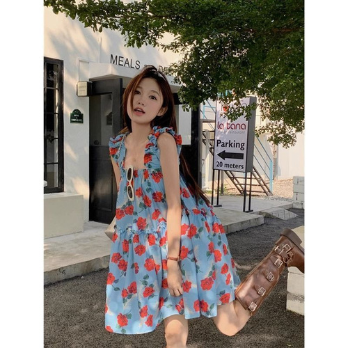 Retro black fungus edge floral print sundress with spaghetti straps, women's summer loose and slimming beach vacation style sweet short dress