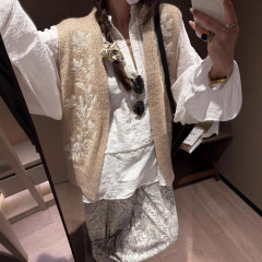 羊毛花式纱绣花肌理感马夹宽松V领针织无袖开衫上衣春秋季女马甲