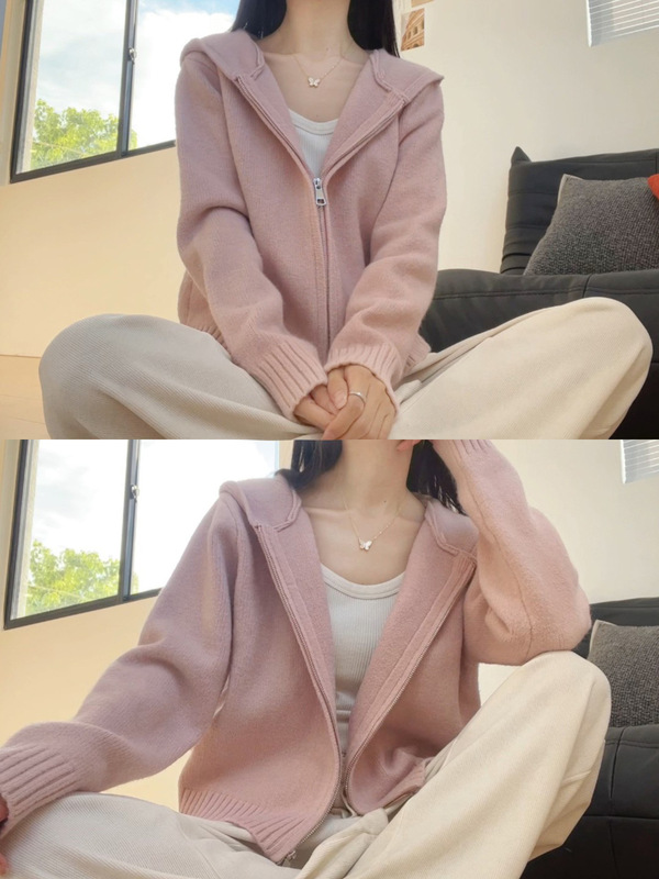 粉色连帽针织衫上衣女秋冬2025秋季拉链慵懒软糯外搭毛衣开衫外套|undefined