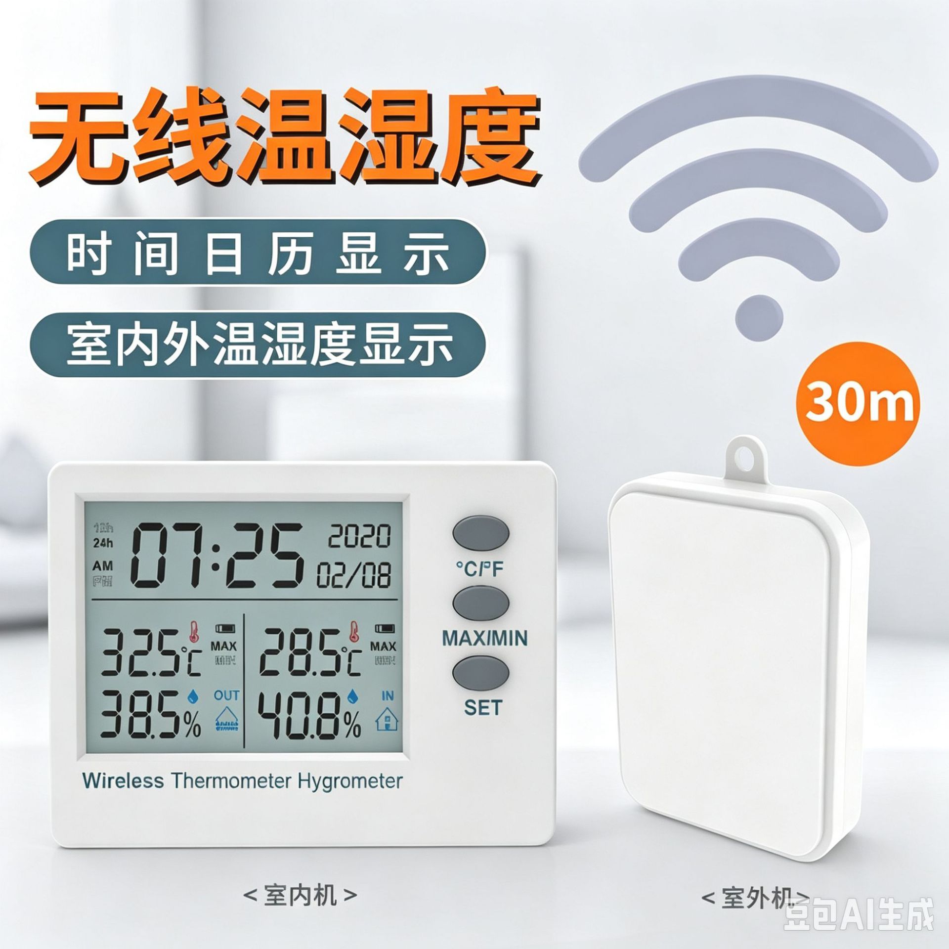 Kaitai Wireless Electronic Temperature and Humidity Meter Home Color Screen Indoor and Outdoor Time Calendar Electronic Clock Dry Humidity Meter
