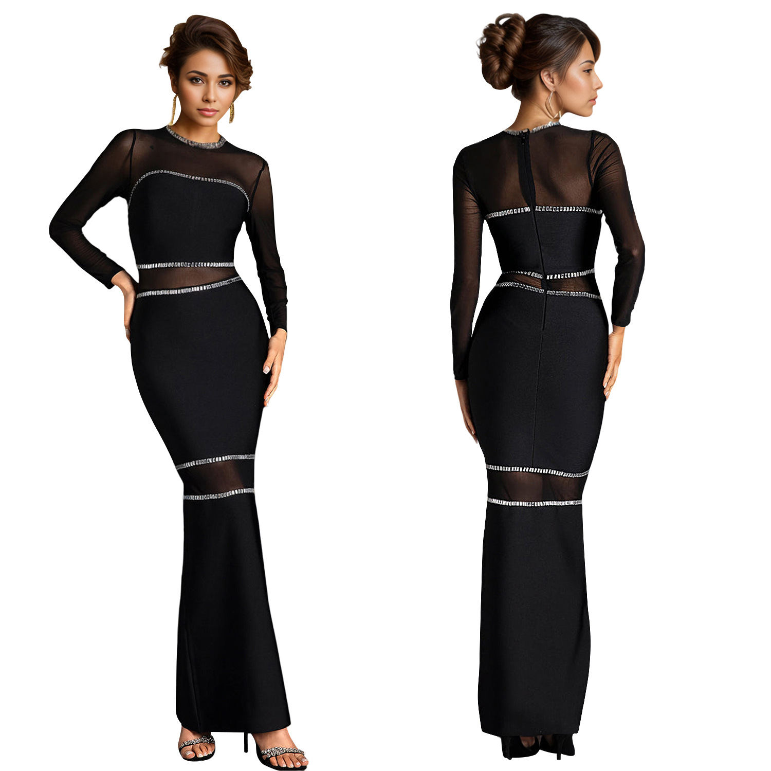 C7081 Cross-border AliExpress Amazon Estación independiente Moda europea y americana Vestido de malla de diamantes calientes para mujer Falda larga Nuevo image 6