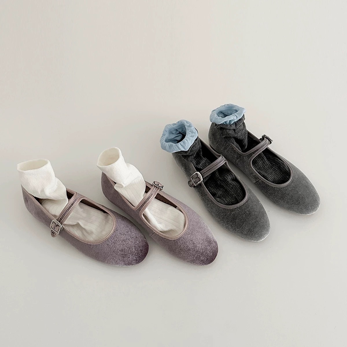 Genuine Leather Velvet French Shallow Top Round Toe Buckle Belt Mary Jane Shoes Women's 2025 Spring Ballet Flats