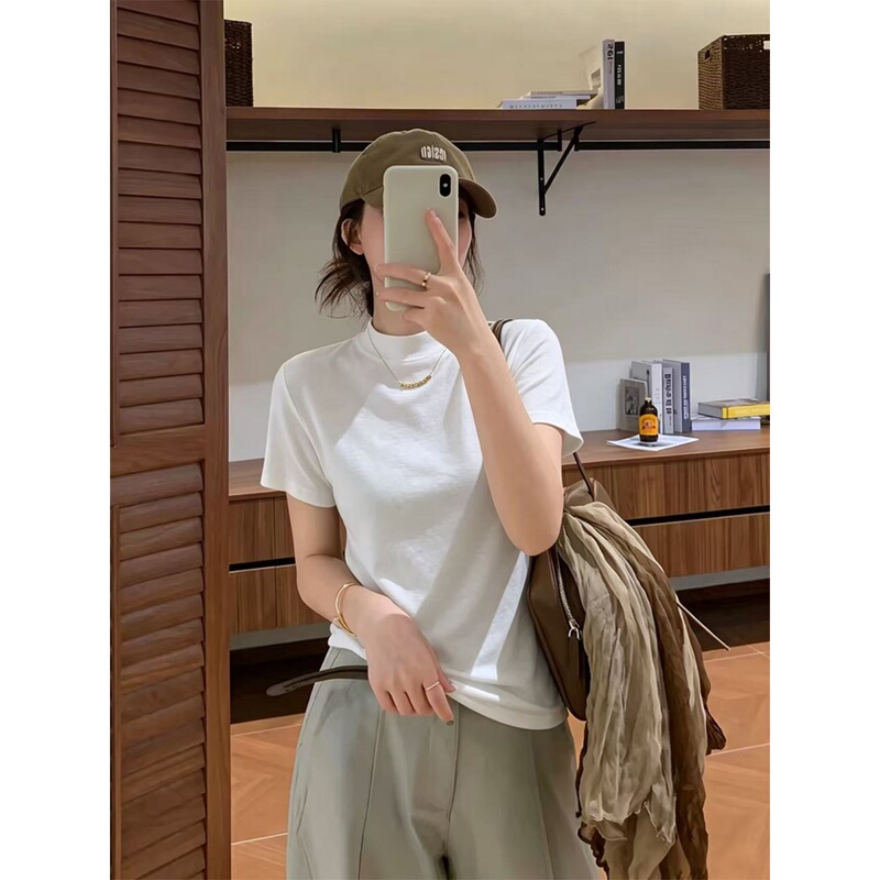 Thickened half-turtleneck short-sleeve T-shirt for women, suitable for spring and autumn, with a brushed inner layer, can be worn as an outer garment, trendy Thickened half-turtleneck short-sleeve T-shirt for women, suitable for spring and autumn, with a brushed inner layer, can be worn as an outer garment, trendy