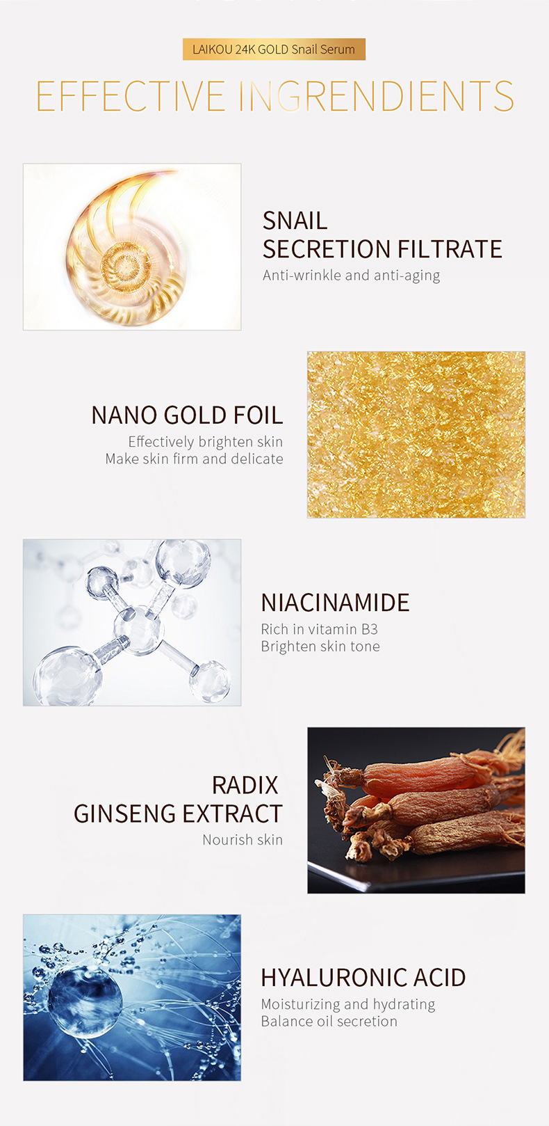Laikou French 24k Golden Snail Essence 100ml Skin Care Product manufacturer Supply Hydrating and Moisturizing Essence wholesale undefined