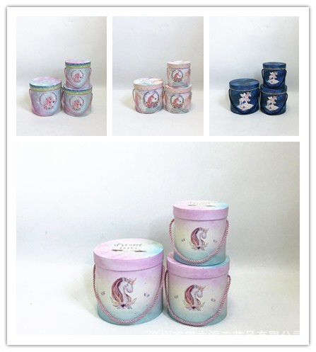 现货 情人节 独角兽 鲜花礼品盒三件套 圆桶花盒  鲜花抱抱桶