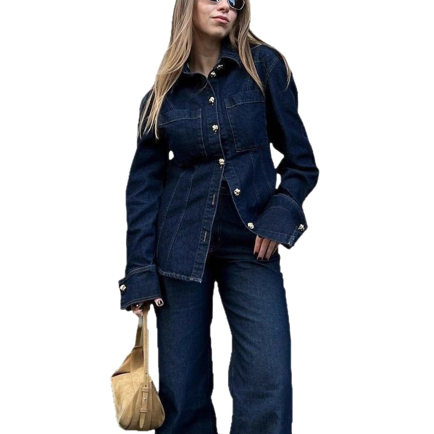 Women's Lapel Denim Shirt And Trousers Set European And American Style Spring New Clothing Cross Border 2025_ecoleips.com