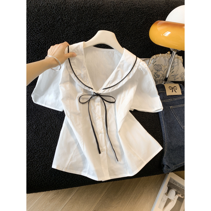 2026 New Summer Style Age-Reducing Navy Collar Waist-Cinching Slimming Tie Short-Sleeved Shirt