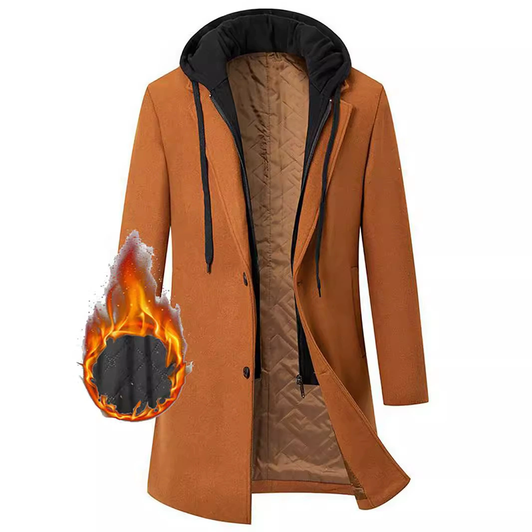 Мужское демисезонное утепленное пальто-тренч средней длины с капюшоном, имитация двухслойного дизайна, с хлопковым наполнителем и цветными блоками, приталенного кроя.