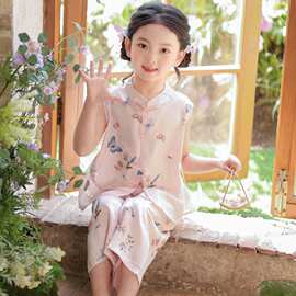 【粉蝶栖花】女童新中式套装夏季国风盘扣碎花无袖裤装两件套