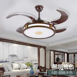 新中式风扇灯变频吊扇灯LED实木隐形餐厅客厅吊灯吊扇古典中国风