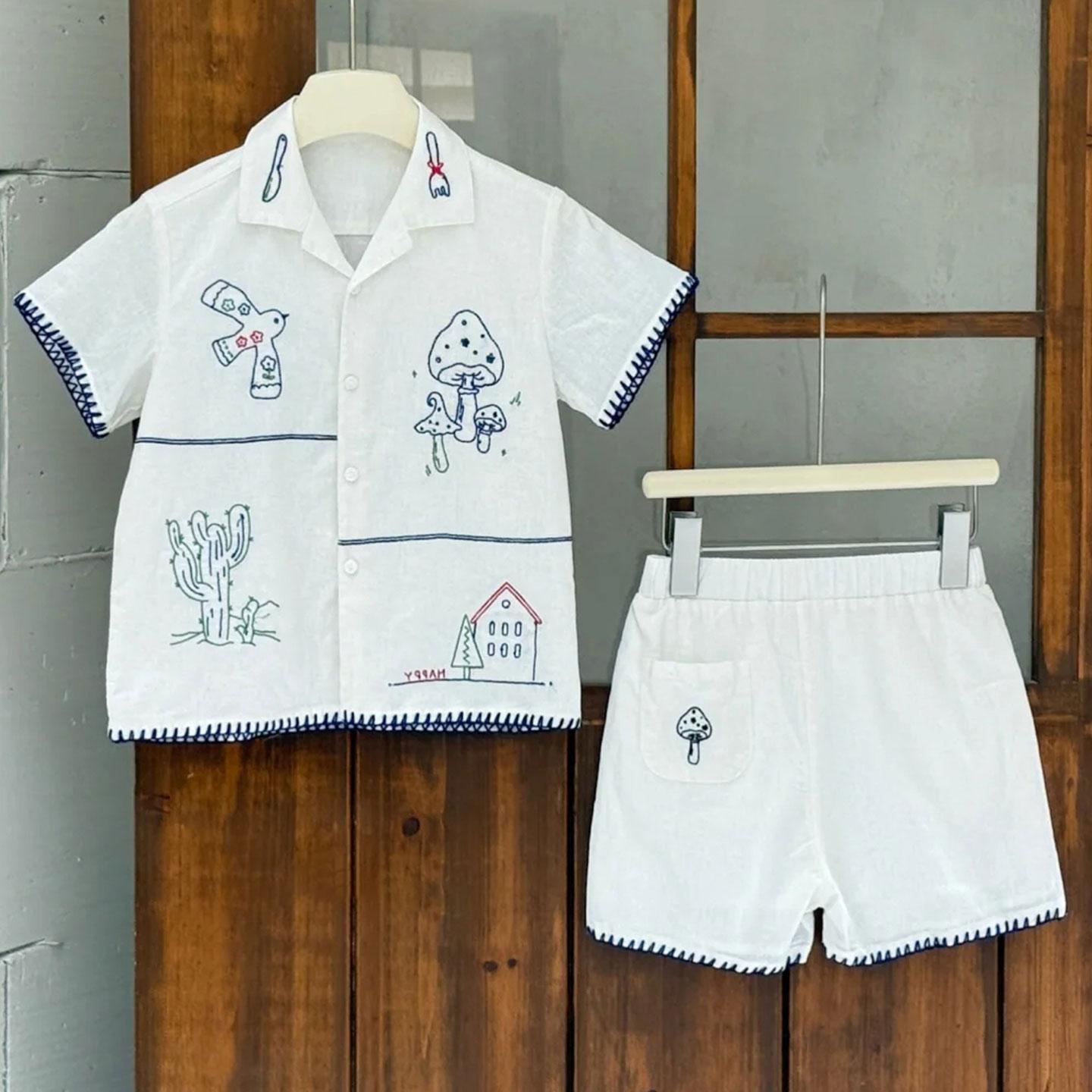 Boys Summer Suit Kidsren's 2025 New White Thin Handsome Short-Sleeved Shirt Baby Girl Fashionable Two-Piece Set Trendy