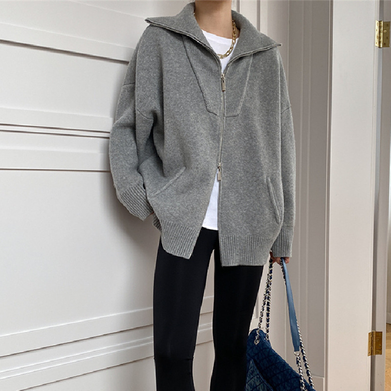 Double Zipper Lapel Thick Lazy Sweater Coat Autumn and Winter New Cross-Border Foreign Trade Loose Large Size Knitted Cardigan for Women Double Zipper Lapel Thick Lazy Sweater Coat Autumn and Winter New Cross-Border Foreign Trade Loose Large Size Knitted Cardigan for Women