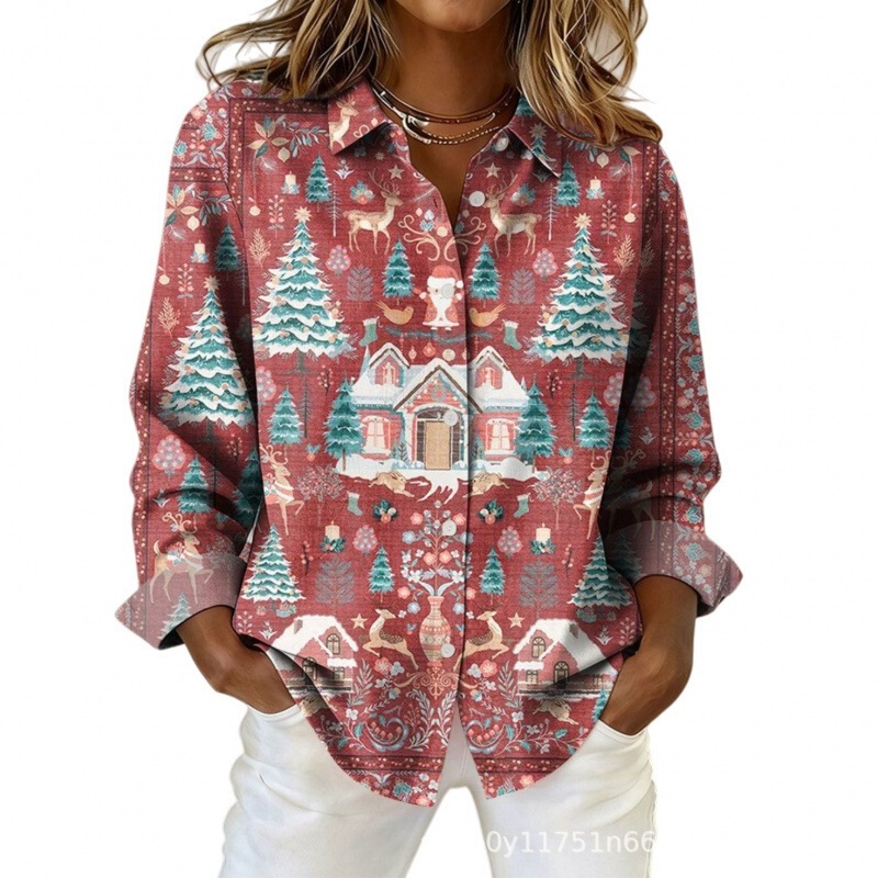 Autumn and Winter Women's Long-Sleeved Shirts with a Christmas Vibe, Casual and Simple 3D Printed Plaid Shirts with Christmas Elements Autumn and Winter Women's Long-Sleeved Shirts with a Christmas Vibe, Casual and Simple 3D Printed Plaid Shirts with Christmas Elements