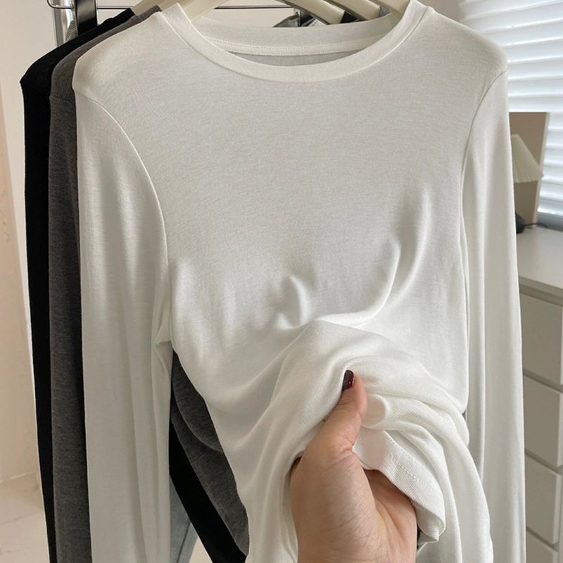 Autumn Korean Style New Solid Color Round Neck Knit Top for Women, Skin-Friendly, Soft, Slimming, Base Shirt, Slightly Sheer, Soft Clothing