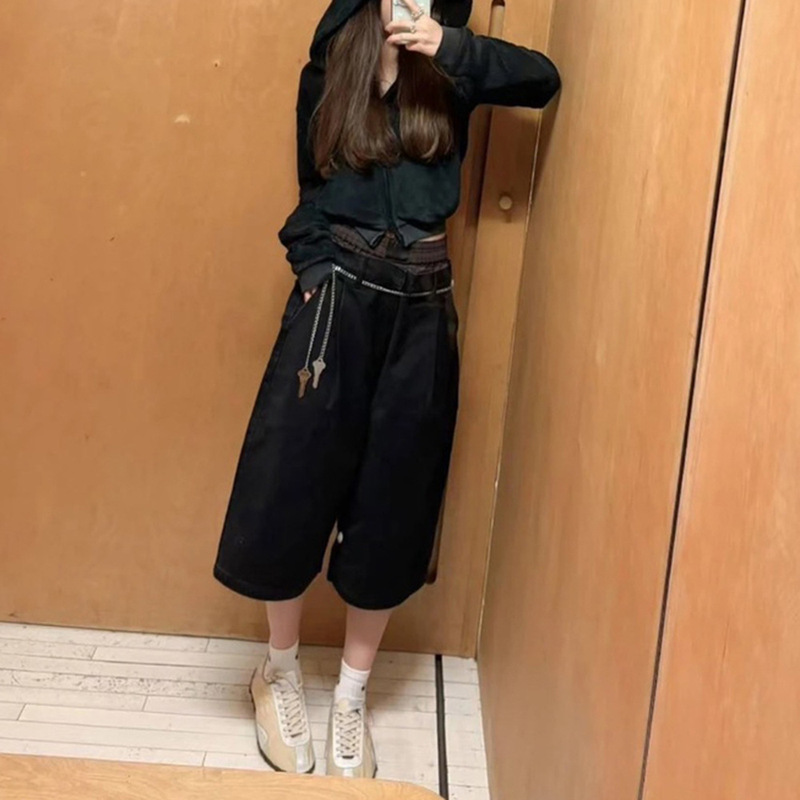 2025夏季新款小众拼色双腰头拼接牛仔裤宽松阔腿七分裤女|undefined