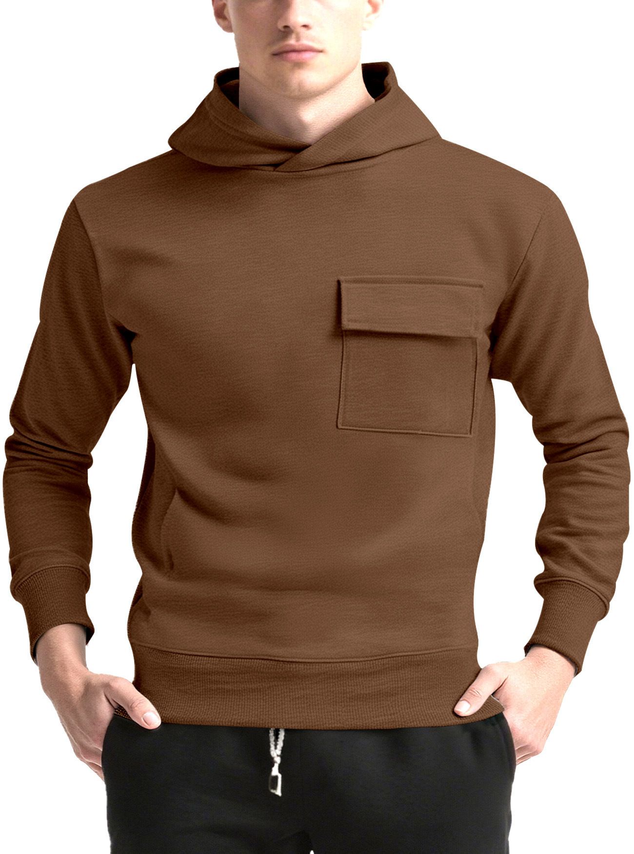 Nouveau pull ample et décontracté d'automne et d'hiver, couleur unie, avec bonnet et veste à poches_voghion.com