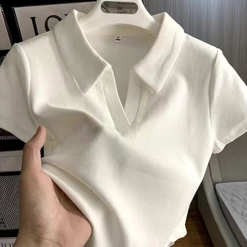 American Retro Straight Shoulder Short Sleeve Women's Summer New Slimming Collar T-Shirt Slimming Short-Sleeve Top