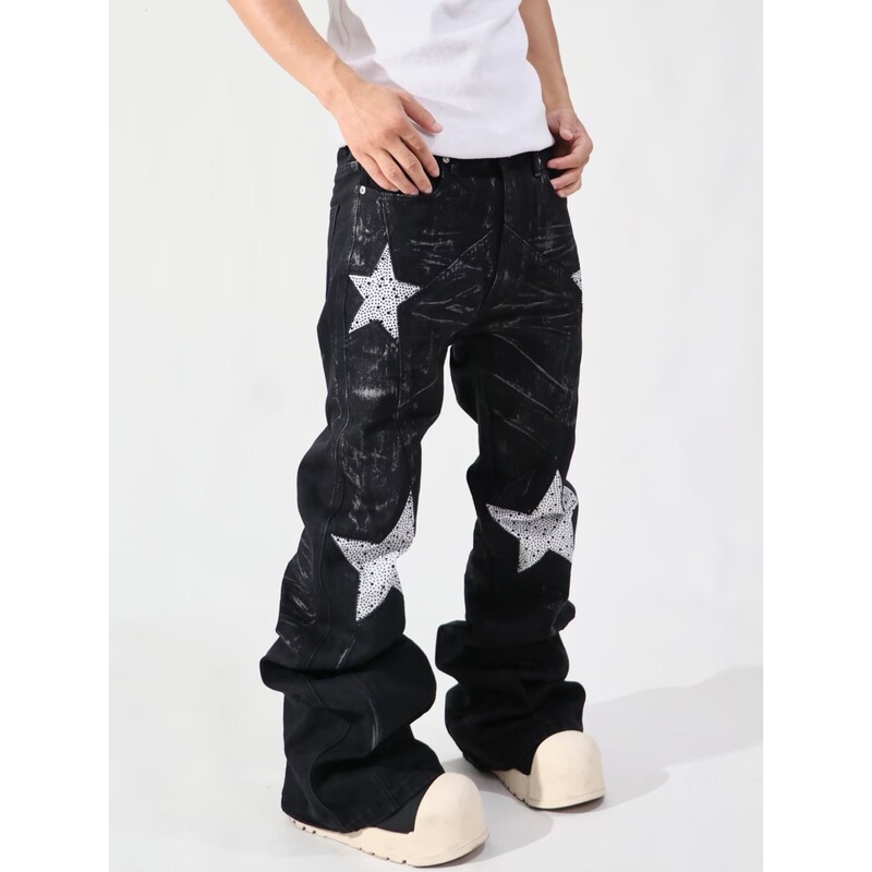 Retro Design Ripped Rhinestone Star Jeans Men's Style A-Feng Same Style Hip-Hop Rock Vintage Flared Pants