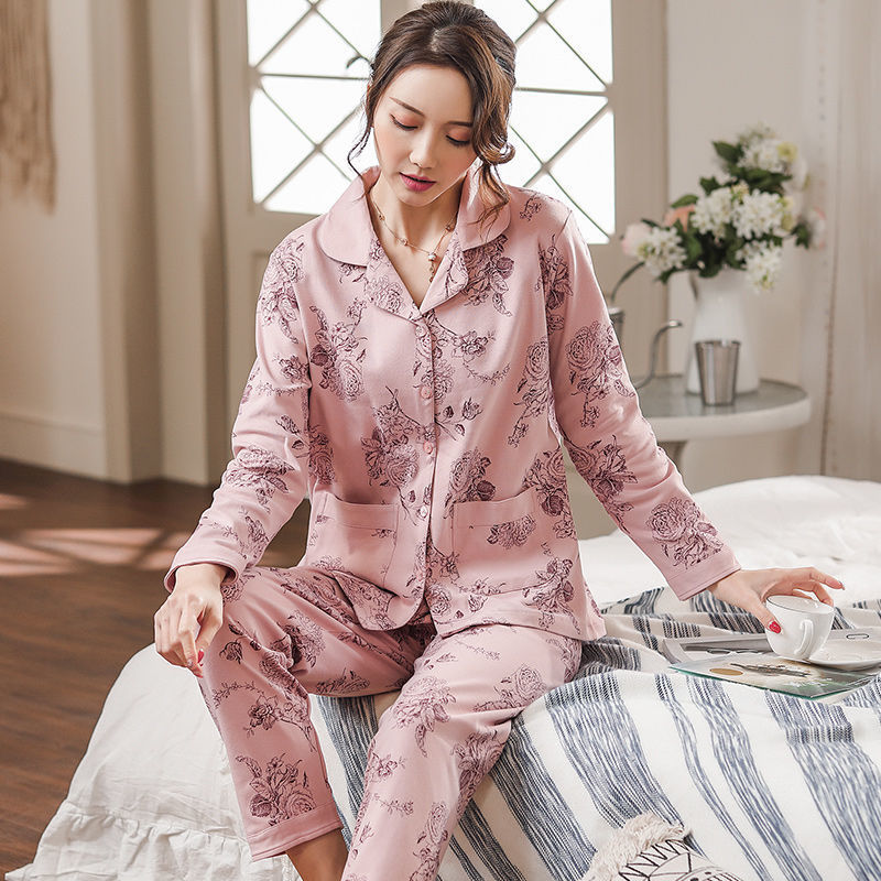 Más tamaño % Pijama de algodón traje de invierno de manga larga de primavera y otoño de las mujeres de mediana edad homewear se puede usar fuera