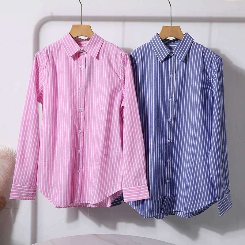 American Women's Blue and White Striped Cotton Long-Sleeve Shirt with Embroidered Logo 2538