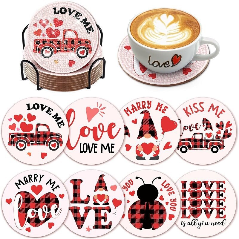 Diamante de dibujos animados almohadillas de taza letras rojas textura de madera hecha a mano puntos de perforación aislamiento térmico antideslizante diamante juguetes de pegatinas