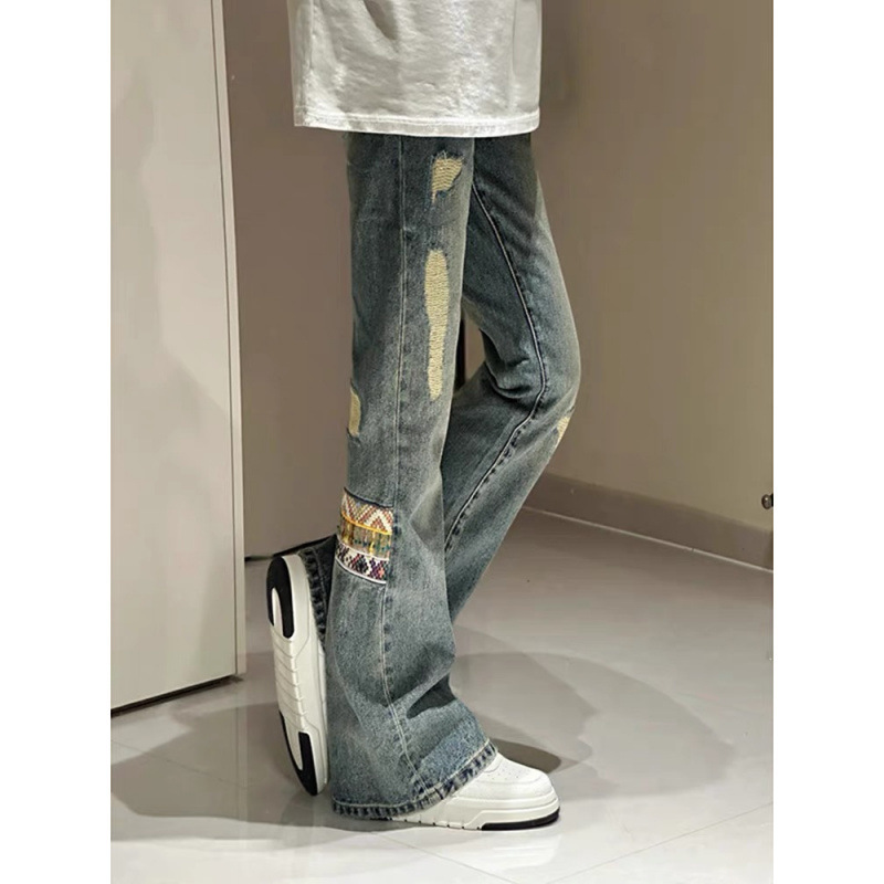 American High Street Ethnic Style Patchwork Jeans for Women Summer Thin Slim Design Straight Leg Micro-Flared Pants