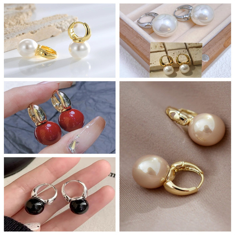 2024 New Fashion Red French Pearl Earrings Ear Buckle Fashion Network Explosions Simple Temperament Light Luxury Earrings