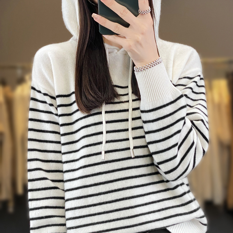 2025秋冬新款女衫休闲黑白条纹宽松针织连帽抽绳帽子衫毛上衣白色|undefined