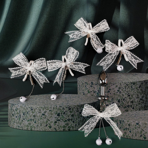 White Lace Bow Nipple Clamp Long Bell Anal Plug Sex Toy Flirting Stimulation Nipple Clamp Mimi Clamp