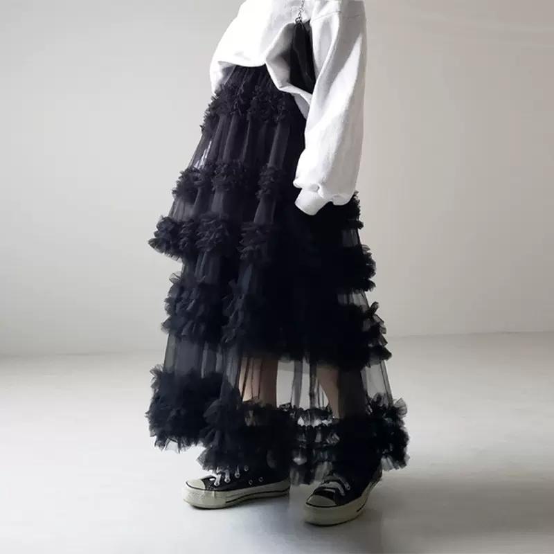 外贸春夏网纱裙日系半身裙女三层拼接白色网纱a字裙长裙立体装饰