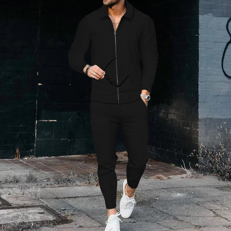 Comercio exterior de los hombres waffle manga larga costura solapa traje moda casual zipper cardigan casual deportes traje hombres