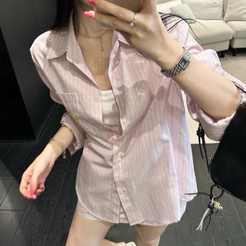 New Rl Ralph Striped Vacation Set with Pony Logo, Casual and Comfortable Lazy Style Shirt and Short Skirt Two-Piece Set