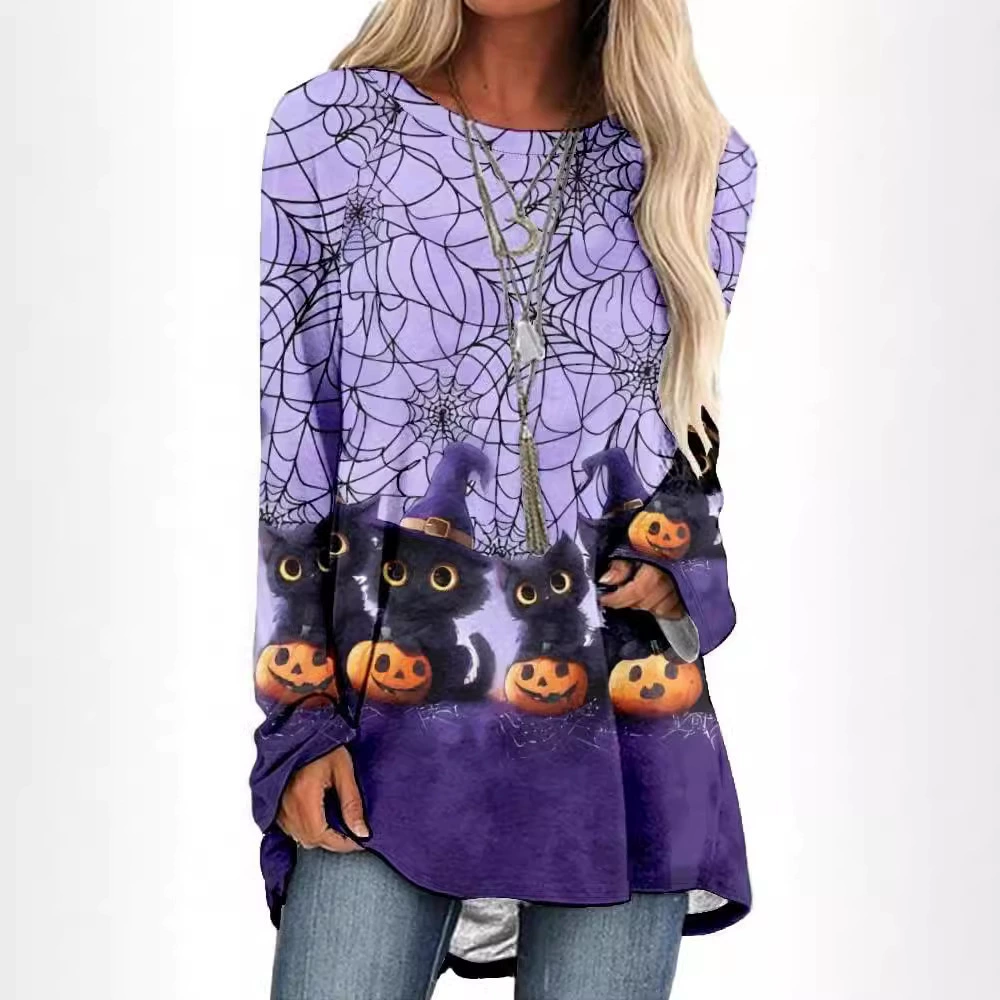 2025 трансграничная популярная женская футболка с круглым вырезом и длинными рукавами с 3D-принтом, европейские и американские свободные повседневные женские топы с цифровой печатью